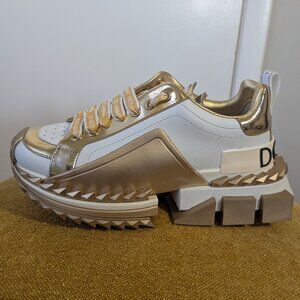 Dolce & Gabbana Super Queen White and Gold Sneakers Shoes Size 37.5 (US 7)